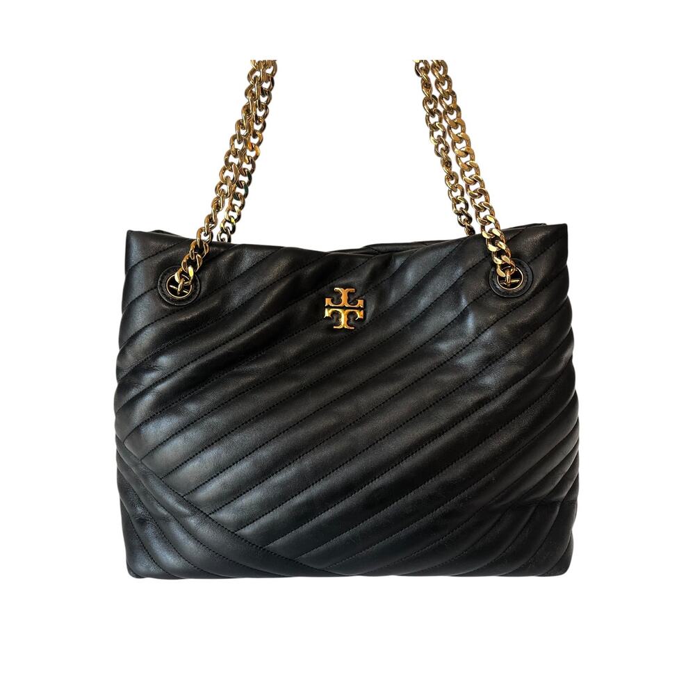 Tory Burch Kira Chevron Quilted Black Leather Chain Strap Tote Bag